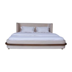 Modern Walnut Bed with Padded Headboard & Off-White Linen - Ailbirds